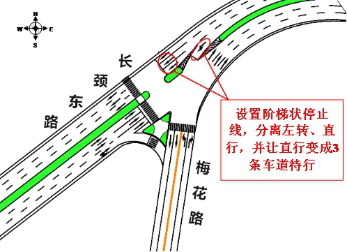  圖2 優(yōu)化前長頸-梅花路東進口渠化設計