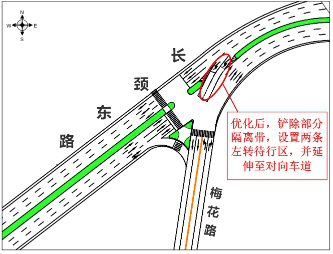 圖4 優(yōu)化后長頸-梅花路東進口設置左轉待行區(qū)