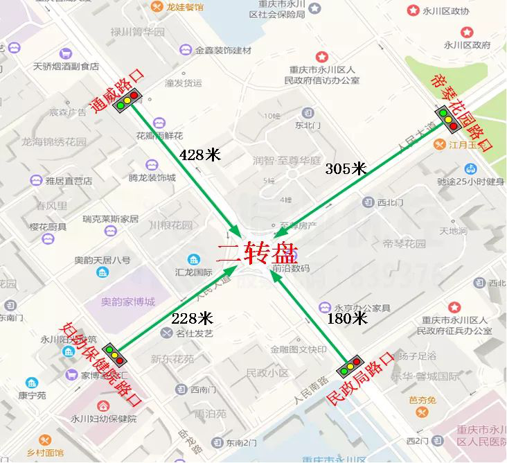 圖1 永川區(qū)二轉(zhuǎn)盤(pán)各路口位置分布圖
