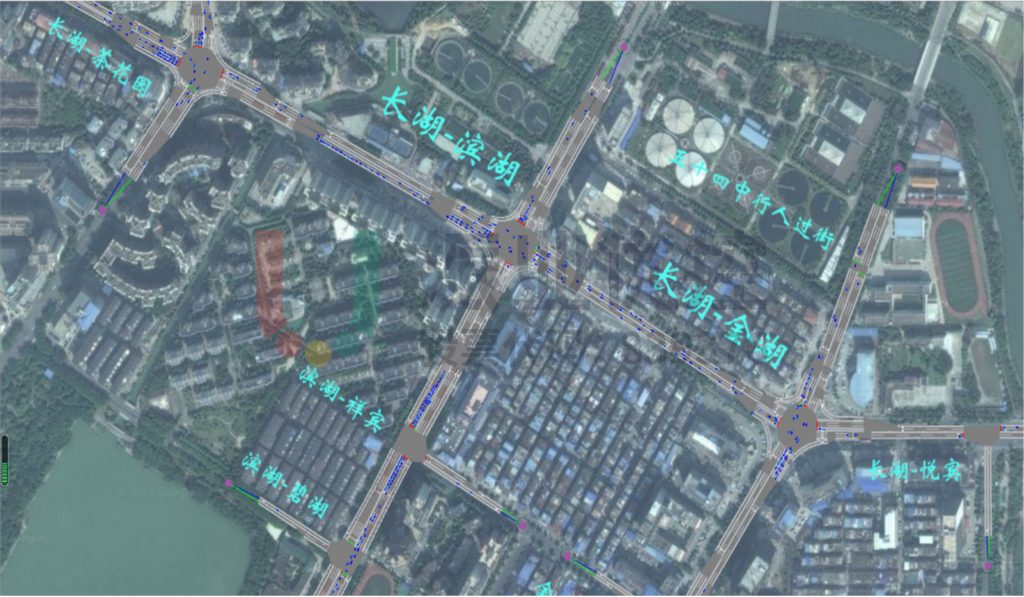 圖6 長湖路-濱湖路-金湖路早高峰優(yōu)化方案仿真截圖