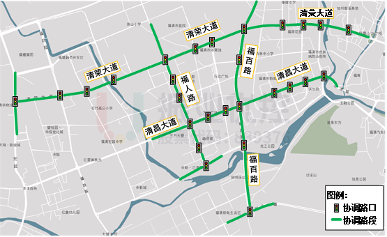 圖1 聯(lián)動協(xié)調(diào)區(qū)域路口路段示意圖
