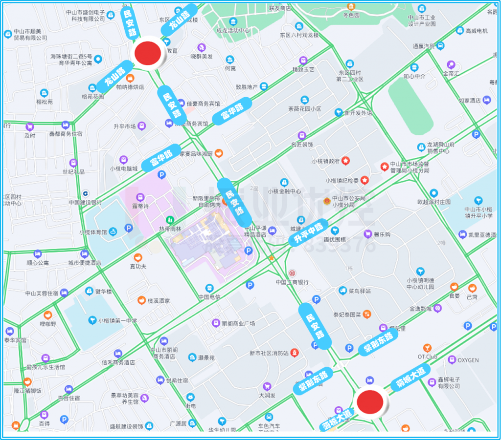 圖1 民安路-龍山路、民安路-菊城大道點(diǎn)位圖